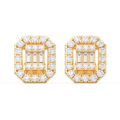 Emerald-Shaped Baguette & Round-Cut Diamond Stud Earrings 0.51ct 14K Gold - bayamjewelry