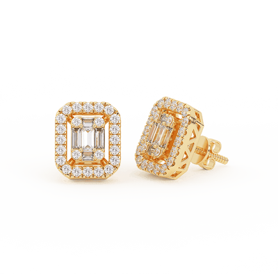 Emerald-Shaped Baguette & Round-Cut Diamond Stud Earrings 0.66ct 14K Gold - bayamjewelry
