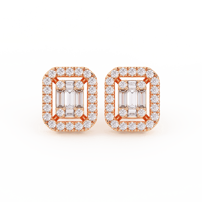 Emerald-Shaped Baguette & Round-Cut Diamond Stud Earrings 0.66ct 14K Gold - bayamjewelry