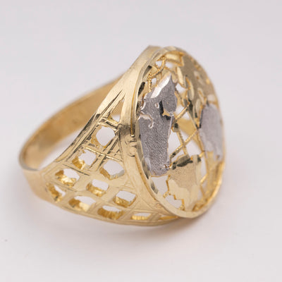 Two-Tone World Ring Solid 10K Yellow Gold