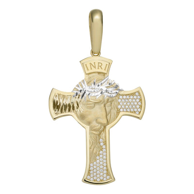 Face of Jesus CZ Cross Two Tone Pendant Necklace Solid 10K Yellow Gold - bayamjewelry