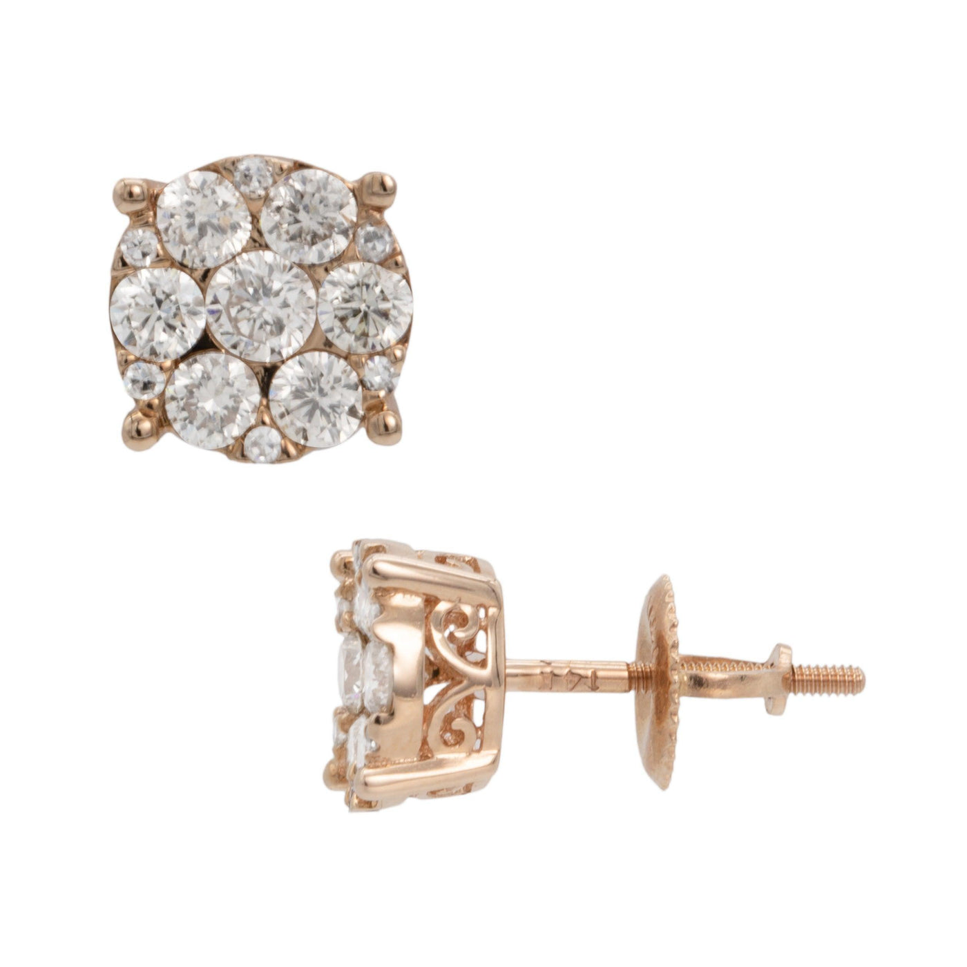 Flower Cluster Diamond Stud Earrings 1.14ct 14K Rose Gold - bayamjewelry