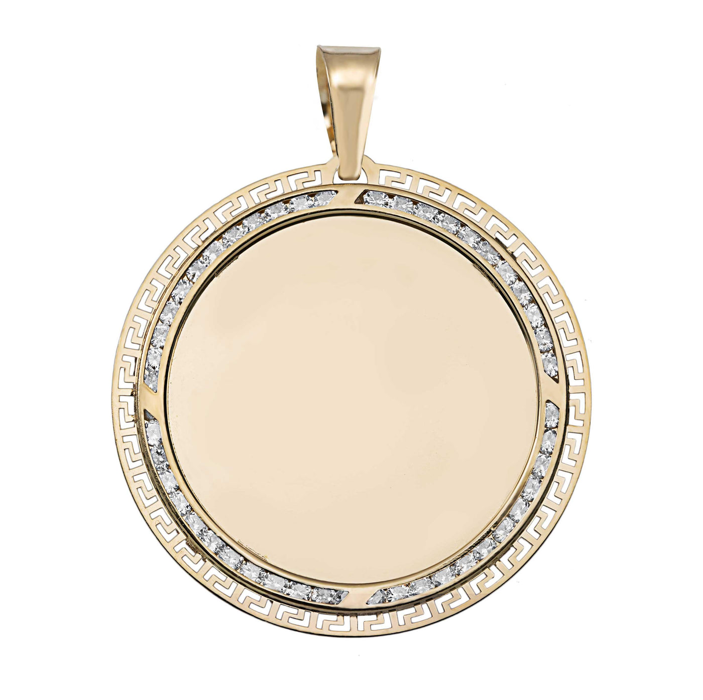Greek Key CZ Picture Frame Memory Medallion Pendant 10K Yellow Gold - bayamjewelry