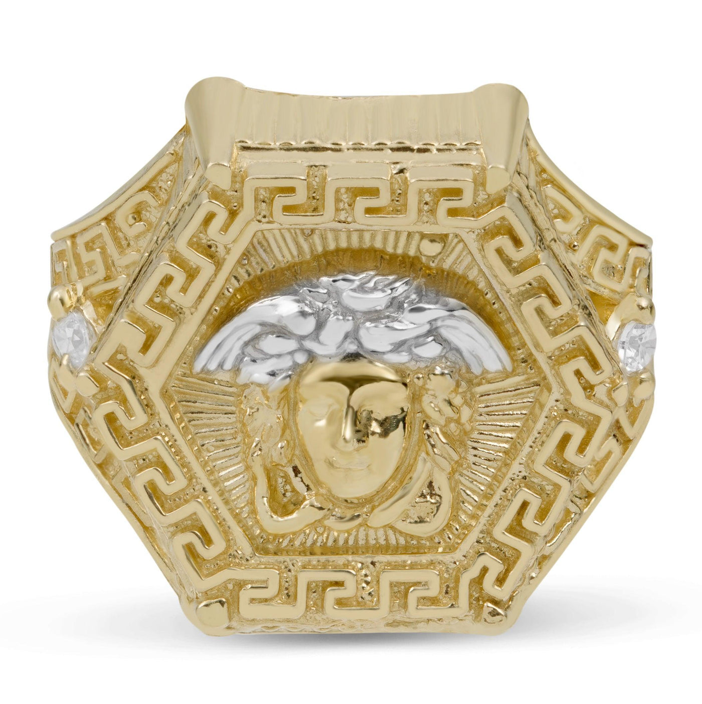 Greek Style Medusa CZ Two-Tone Ring Solid 10K Yellow Gold - bayamjewelry