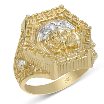 Greek Style Two-Tone Head of Medusa CZ Ring Solid 10K Yellow Gold - bayamjewelry
