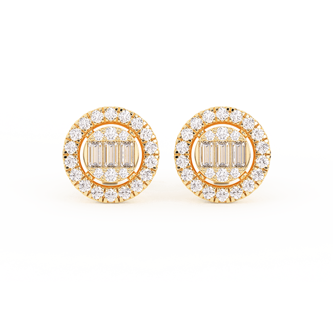 Halo Baguette & Round-Cut Diamond Stud Earrings 0.38ct 14K Gold - bayamjewelry