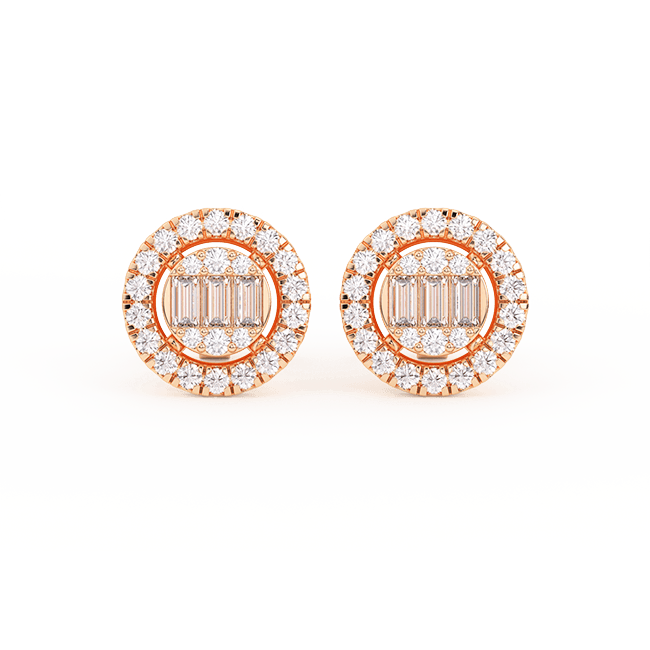 Women's Halo Baguette & Round Diamond Stud Earrings 0.38ct 14K Gold