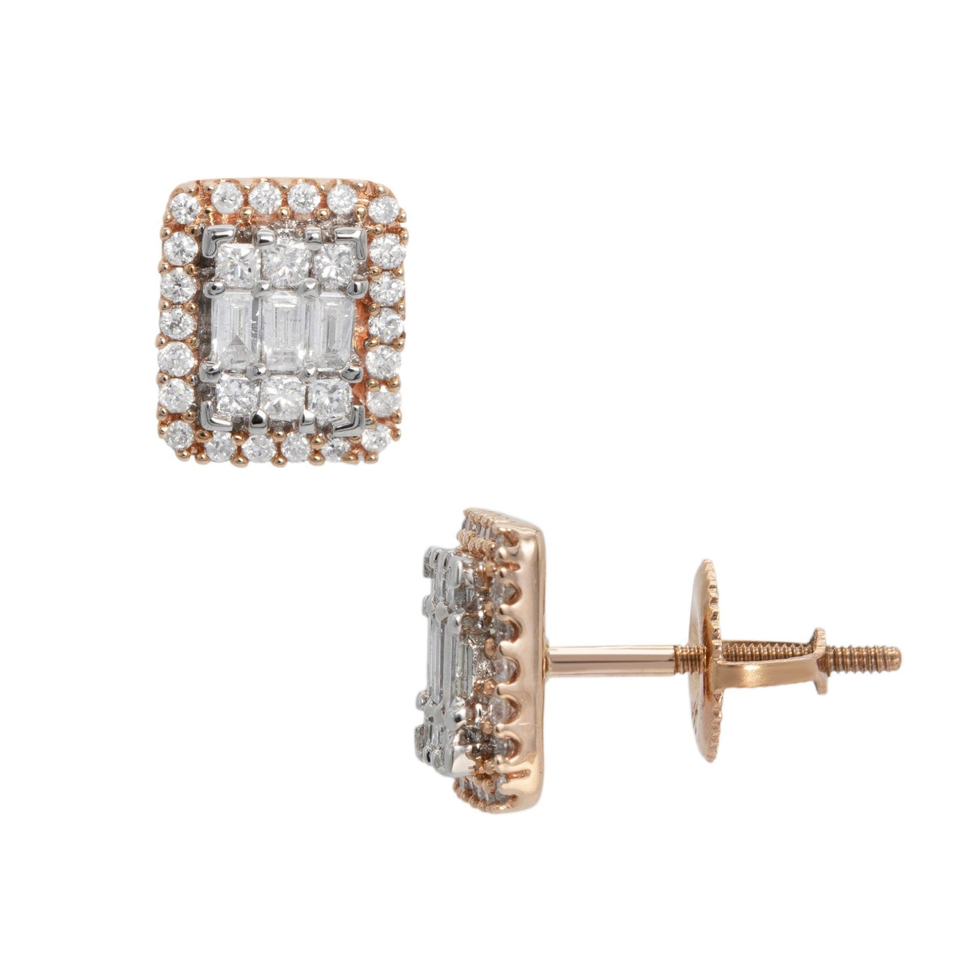 Halo Baguette Diamond Stud Earrings 0.74ct 14K Rose Gold - bayamjewelry