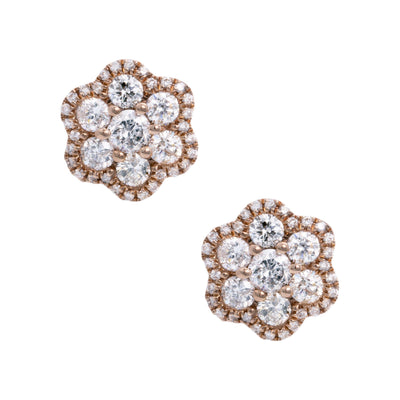 Halo Flower Cluster Diamond Stud Earrings 1.15ct 14K Rose Gold - bayamjewelry