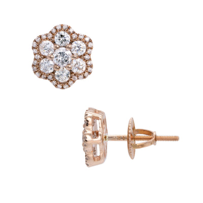 Halo Flower Cluster Diamond Stud Earrings 1.15ct 14K Rose Gold - bayamjewelry