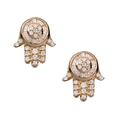 Hamsa & Evil Eye Diamond Stud Earrings 0.48ct 14K Yellow Gold - bayamjewelry