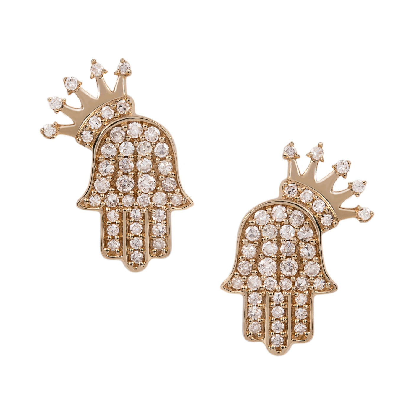 Hamsa Crown Diamond Stud Earrings 0.61ct 14K Yellow Gold - bayamjewelry