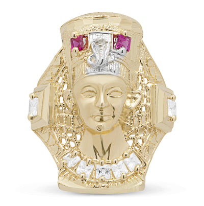 Huge CZ Pharaoh Egyptian King Ring Solid 10K Yellow Gold - bayamjewelry