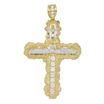 Huge Nugget Last Supper Virgin Mary CZ Cross Pendant 10K Yellow Gold - bayamjewelry