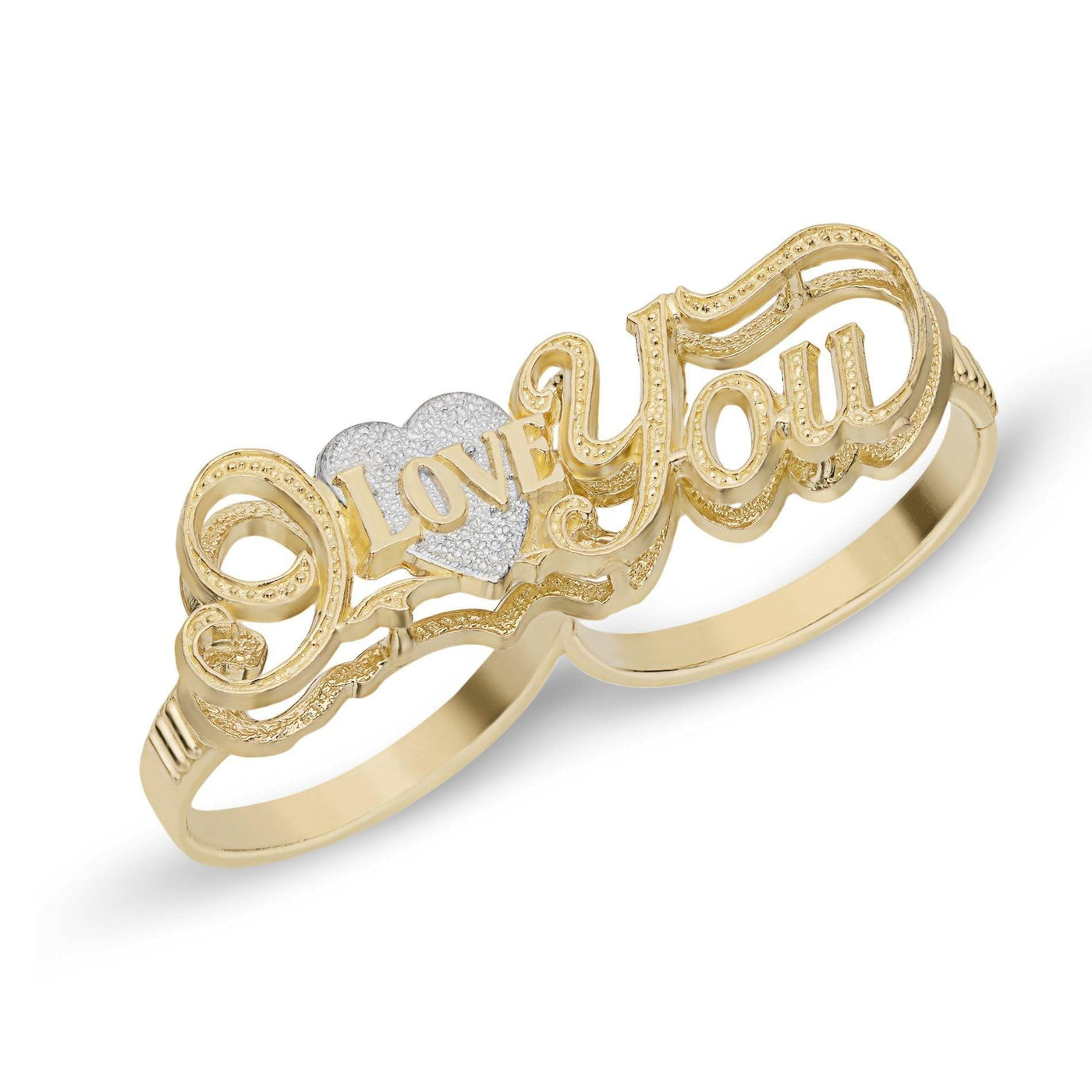 "I Love You" Script Textured Heart Two-Finger Ring 10K Yellow Gold - bayamjewelry