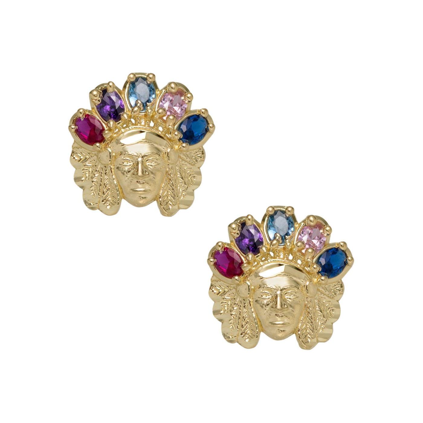 Indian Chief Rainbow Stud Earrings Solid 10K Yellow Gold - bayamjewelry