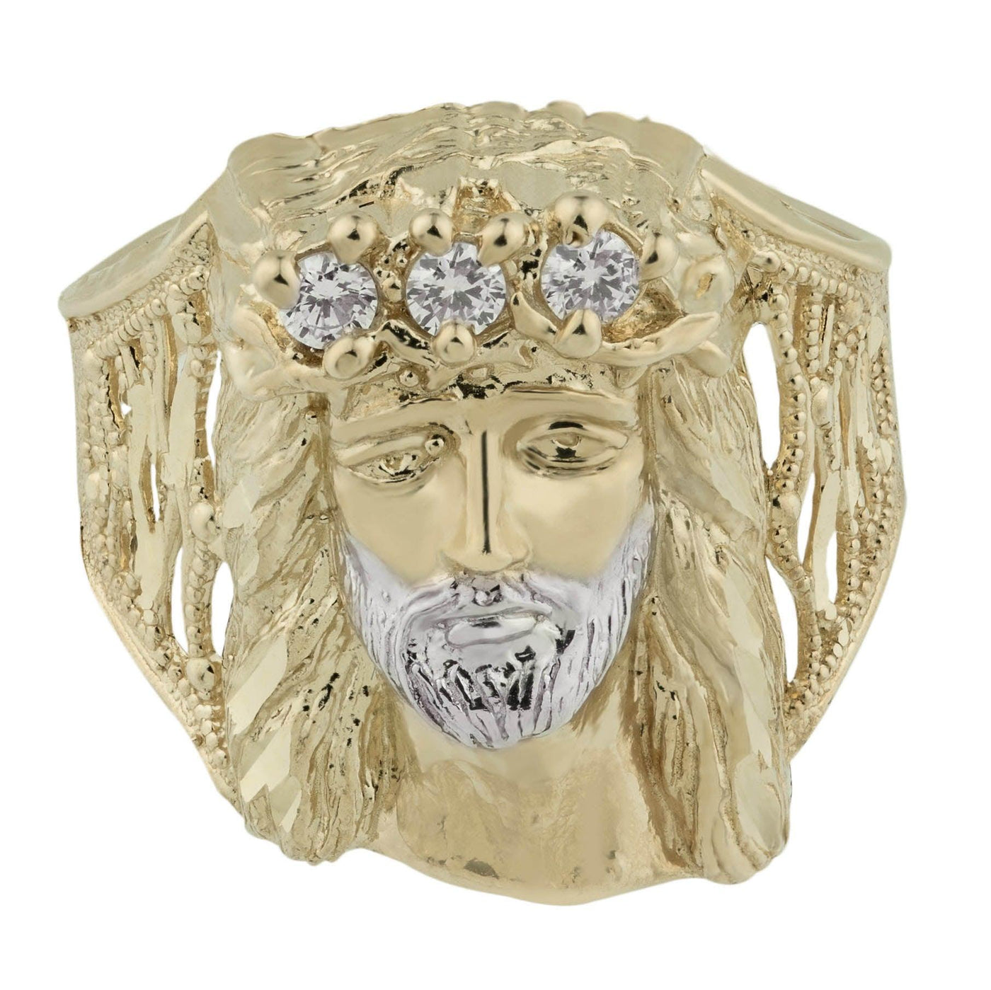 Jesus Head Textured Two-Tone CZ Ring Solid 10K Yellow Gold - bayamjewelry