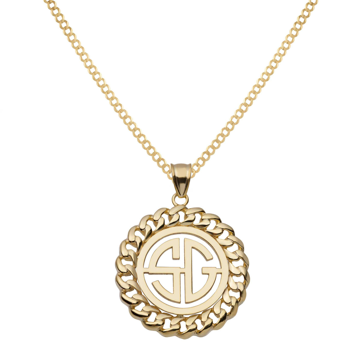 Ladies Curb Link-Frame Monogram Name Plate Necklace 14K Gold - Style 135 - bayamjewelry