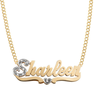 Ladies Diamond & Script Name Plate Heart Ribbon Necklace 14K Gold - Style 41 - bayamjewelry