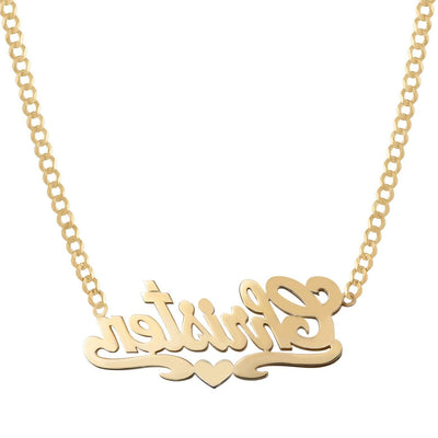 Ladies Diamond & Script Name Plate Heart Ribbon Necklace 14K Gold - Style 42 - bayamjewelry