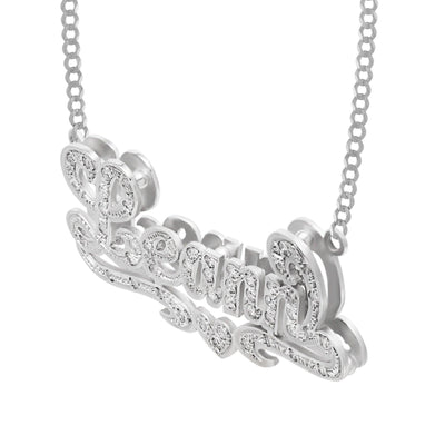 Ladies Diamond Script Name Plate Heart Ribbon Necklace 14K Gold - Style 100 - bayamjewelry