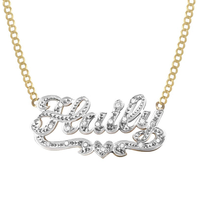 Ladies Diamond Script Name Plate Heart Ribbon Necklace 14K Gold - Style 111 - bayamjewelry