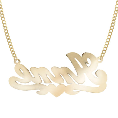 Ladies Diamond Script Name Plate Heart Ribbon Necklace 14K Gold - Style 122 - bayamjewelry