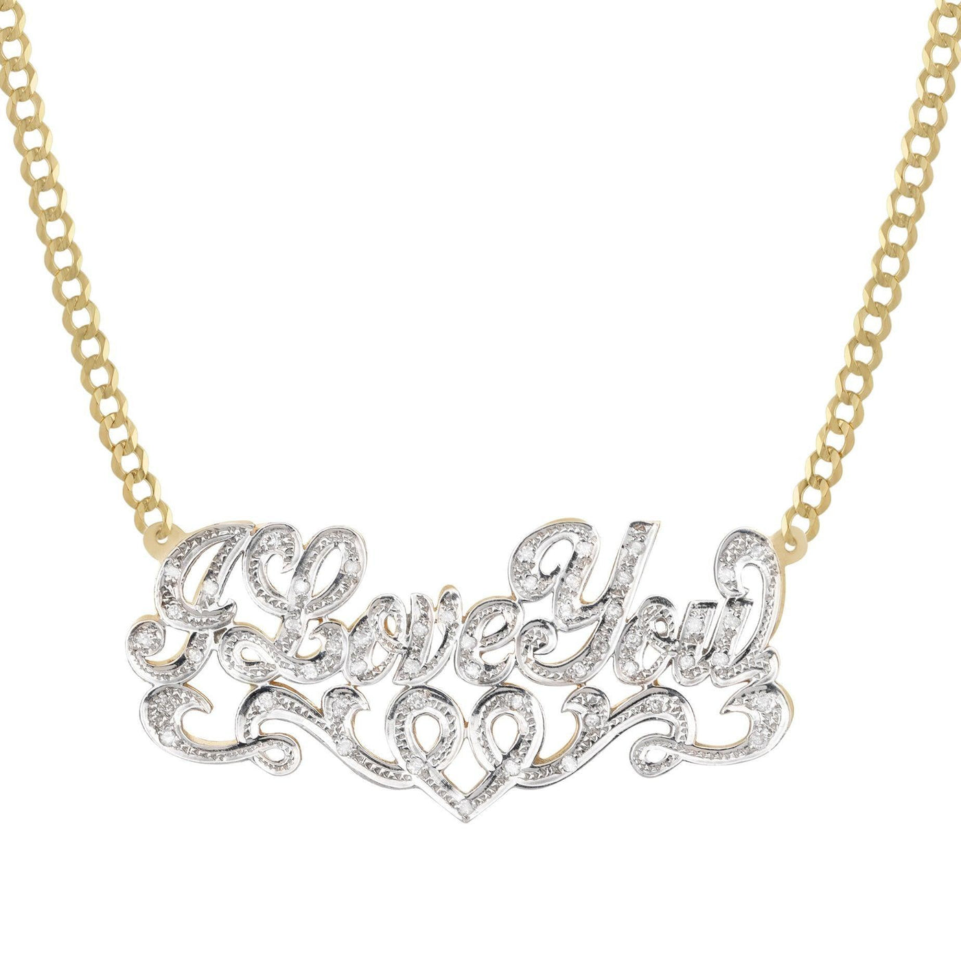 Ladies Diamond Script Name Plate Heart Ribbon Necklace 14K Gold - Style 133 - bayamjewelry