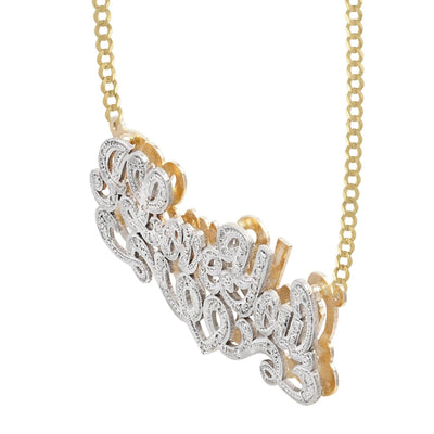 Ladies Diamond Script Name Plate Heart Ribbon Necklace 14K Gold - Style 133 - bayamjewelry