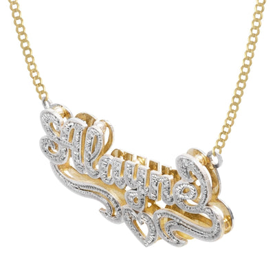 Ladies Diamond Script Name Plate Heart Ribbon Necklace 14K Gold - Style 67 - bayamjewelry
