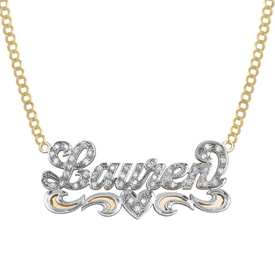 Ladies Diamond Script Name Plate Heart Ribbon Necklace 14K Gold - Style 78 - bayamjewelry