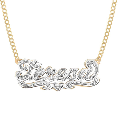 Ladies Diamond Script Name Plate Heart Ribbon Necklace 14K Gold - Style 89 - bayamjewelry