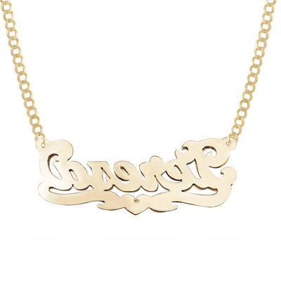 Ladies Diamond Script Name Plate Heart Ribbon Necklace 14K Gold - Style 89 - bayamjewelry