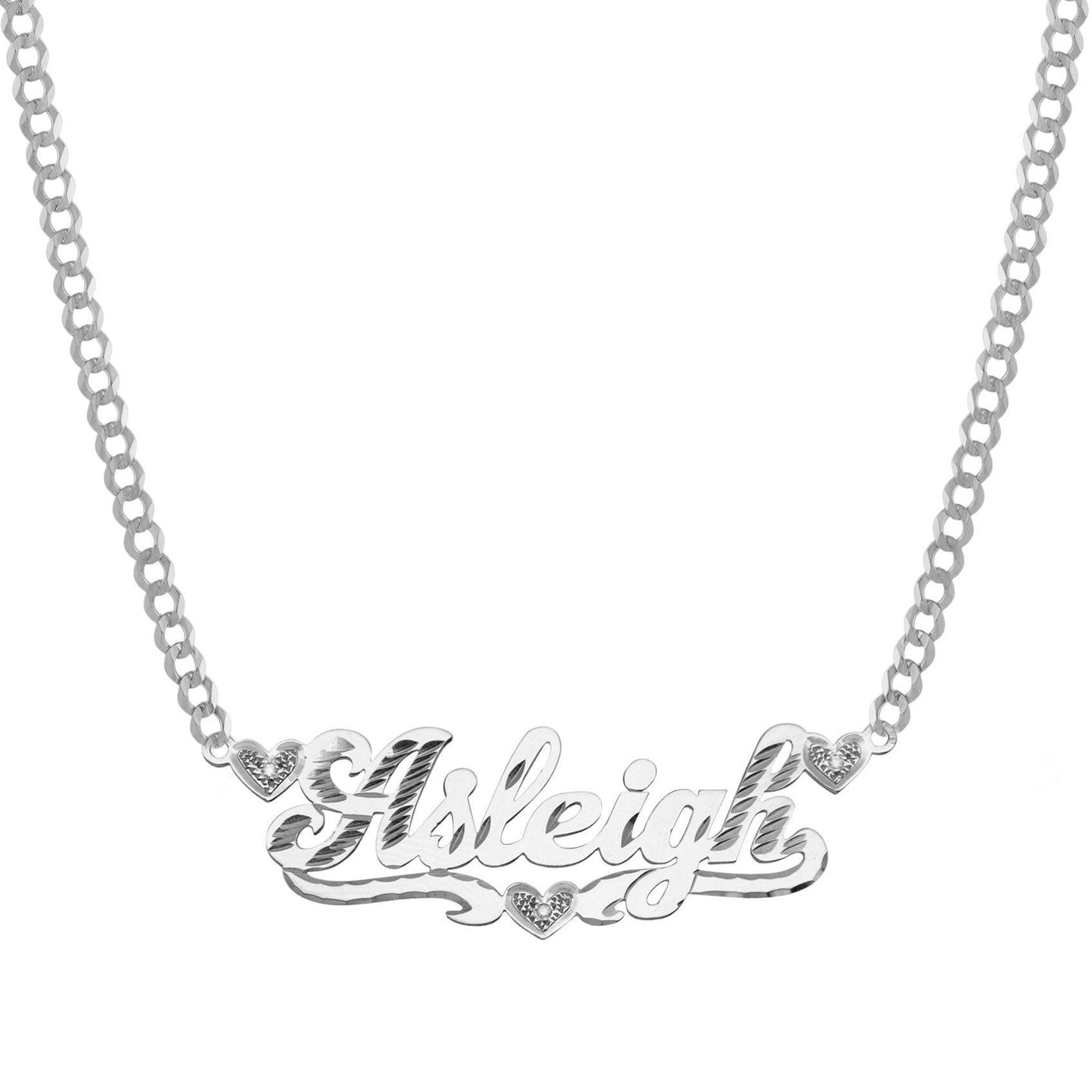 Ladies Diamond Script Name Plate Hearts Necklace 14K White Gold - Style 131 - bayamjewelry