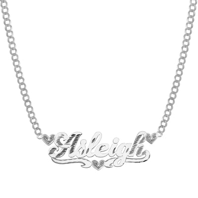 Ladies Diamond Script Name Plate Hearts Necklace 14K White Gold - Style 131 - bayamjewelry