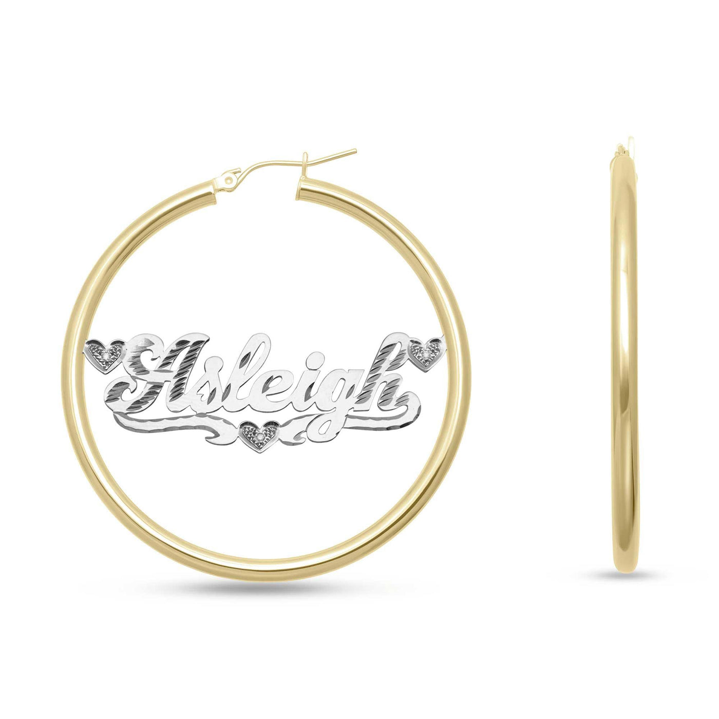 Ladies Diamond Script Name Plate Hoop Earrings 14K Gold - Style 131 - bayamjewelry