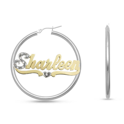 Ladies Diamond Script Name Plate Hoop Earrings 14K Gold - Style 41 - bayamjewelry