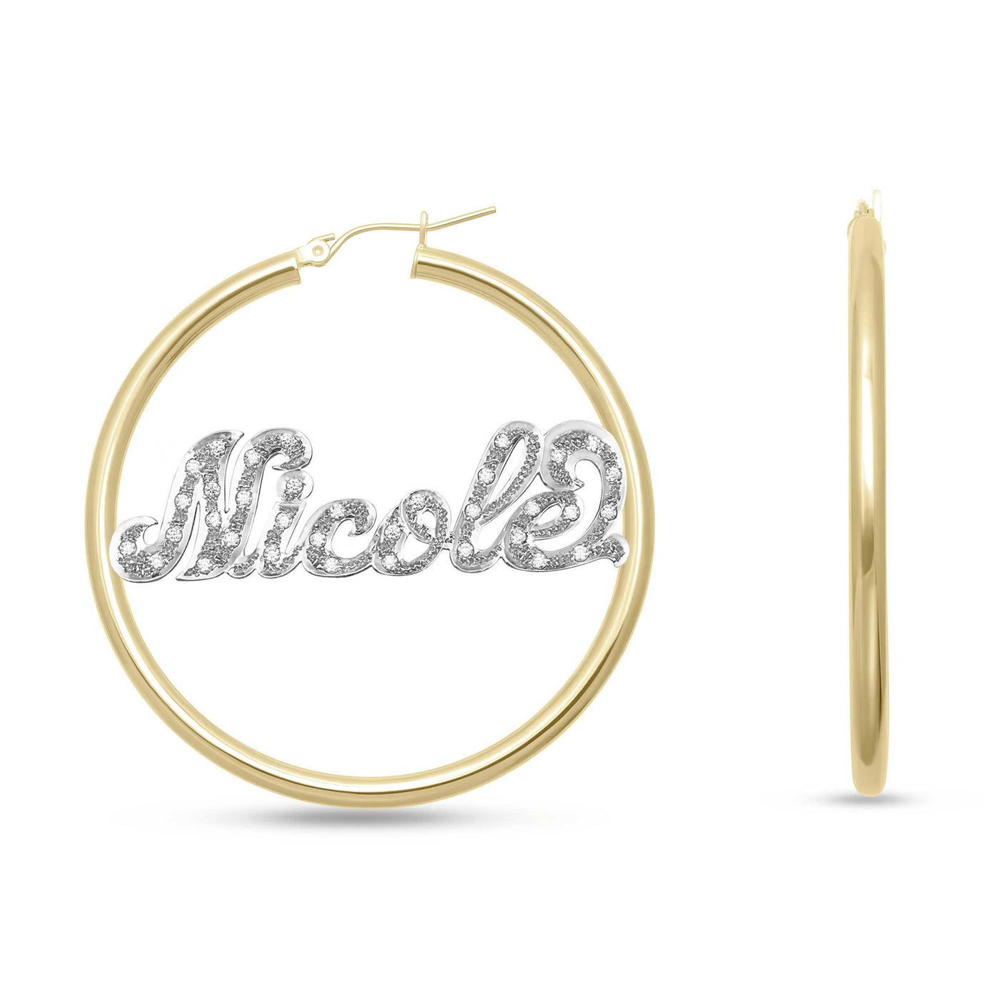 Ladies Diamond Script Name Plate Hoop Earrings 14K Gold - Style 45 - bayamjewelry