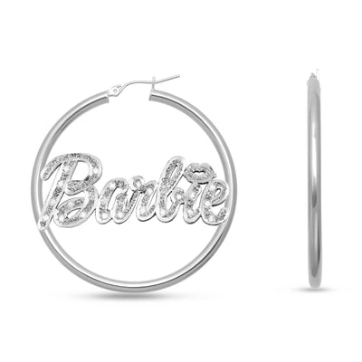 Ladies Diamond Script Name Plate Hoop Earrings 14K Gold - Style 56 - bayamjewelry