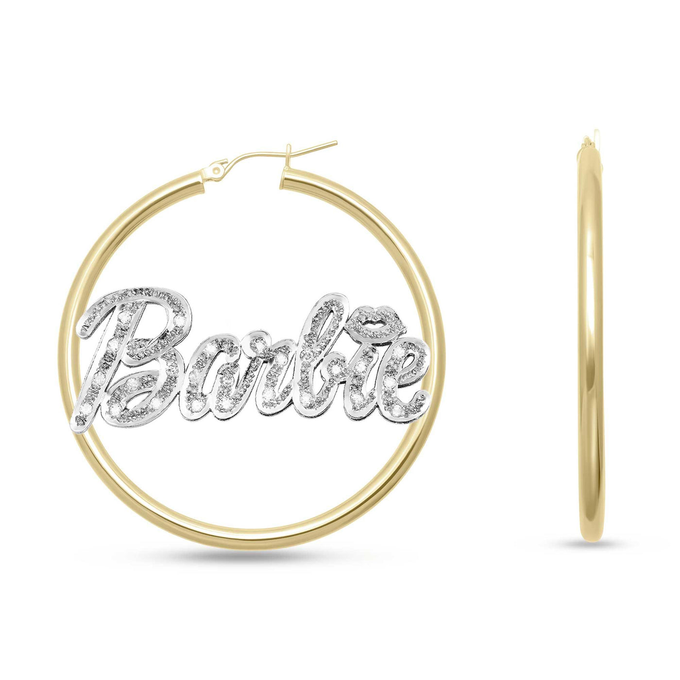 Ladies Diamond Script Name Plate Hoop Earrings 14K Gold - Style 56 - bayamjewelry
