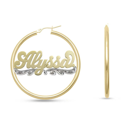Ladies Diamond Script Name Plate Hoop Earrings 14K Gold - Style 70 - bayamjewelry
