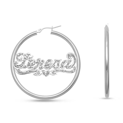 Ladies Diamond Script Name Plate Hoop Earrings 14K Gold - Style 89 - bayamjewelry