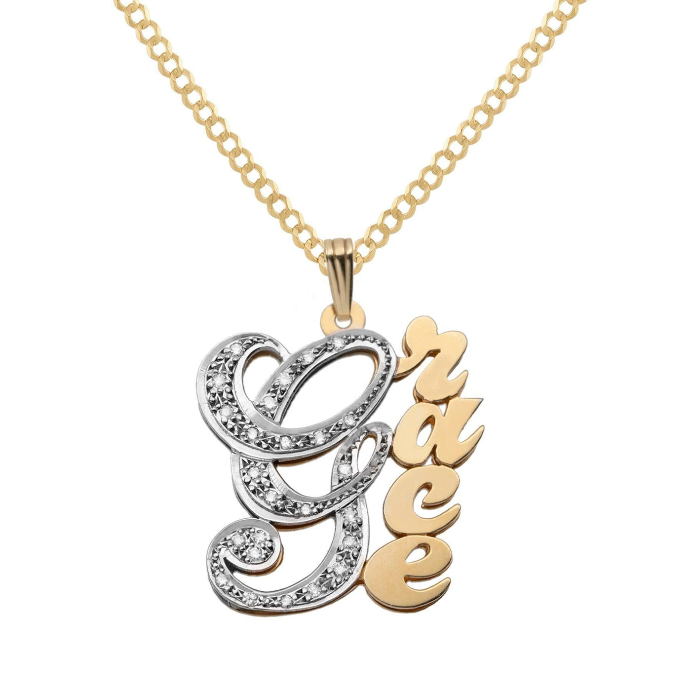 Ladies Diamond Vertical Script Name Plate Necklace 14K Gold - Style 103 - bayamjewelry