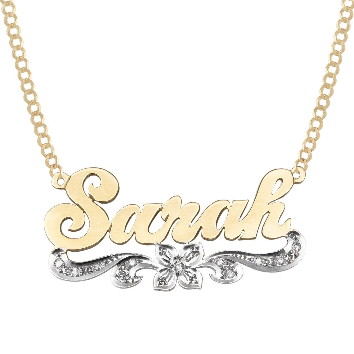 Ladies Script Name Plate Diamond Flower Ribbon Necklace 14K Gold - Style 30 - bayamjewelry