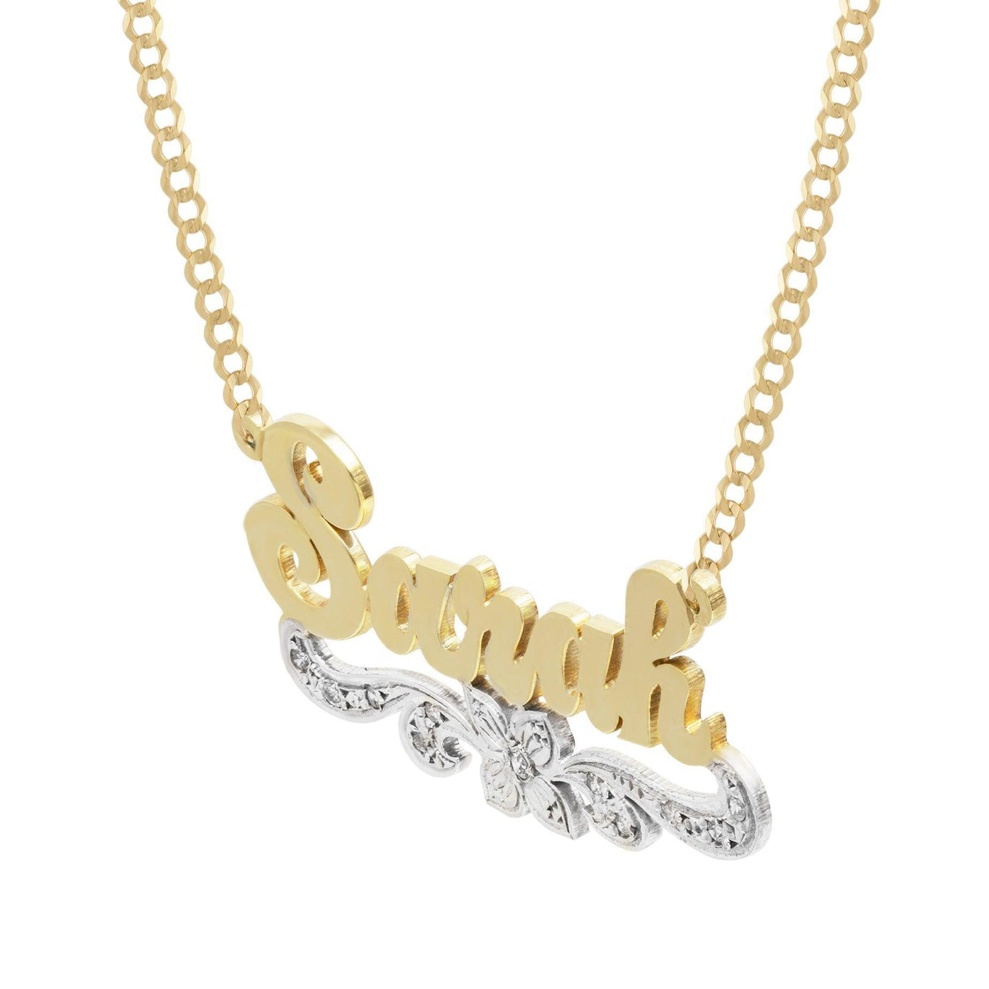 Ladies Script Name Plate Diamond Flower Ribbon Necklace 14K Gold - Style 30 - bayamjewelry