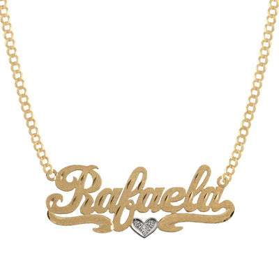 Ladies Script Name Plate Diamond Heart Ribbon Necklace 14K Gold - Style 74 - bayamjewelry