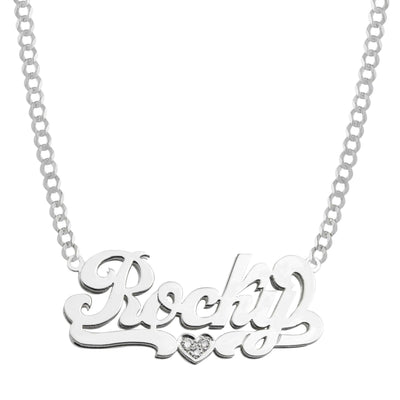 Ladies Script Name Plate Diamond Heart Ribbon Necklace 14K White Gold - Style 47 - bayamjewelry