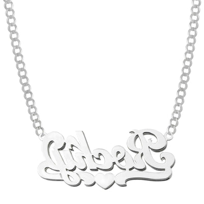 Ladies Script Name Plate Diamond Heart Ribbon Necklace 14K White Gold - Style 47 - bayamjewelry
