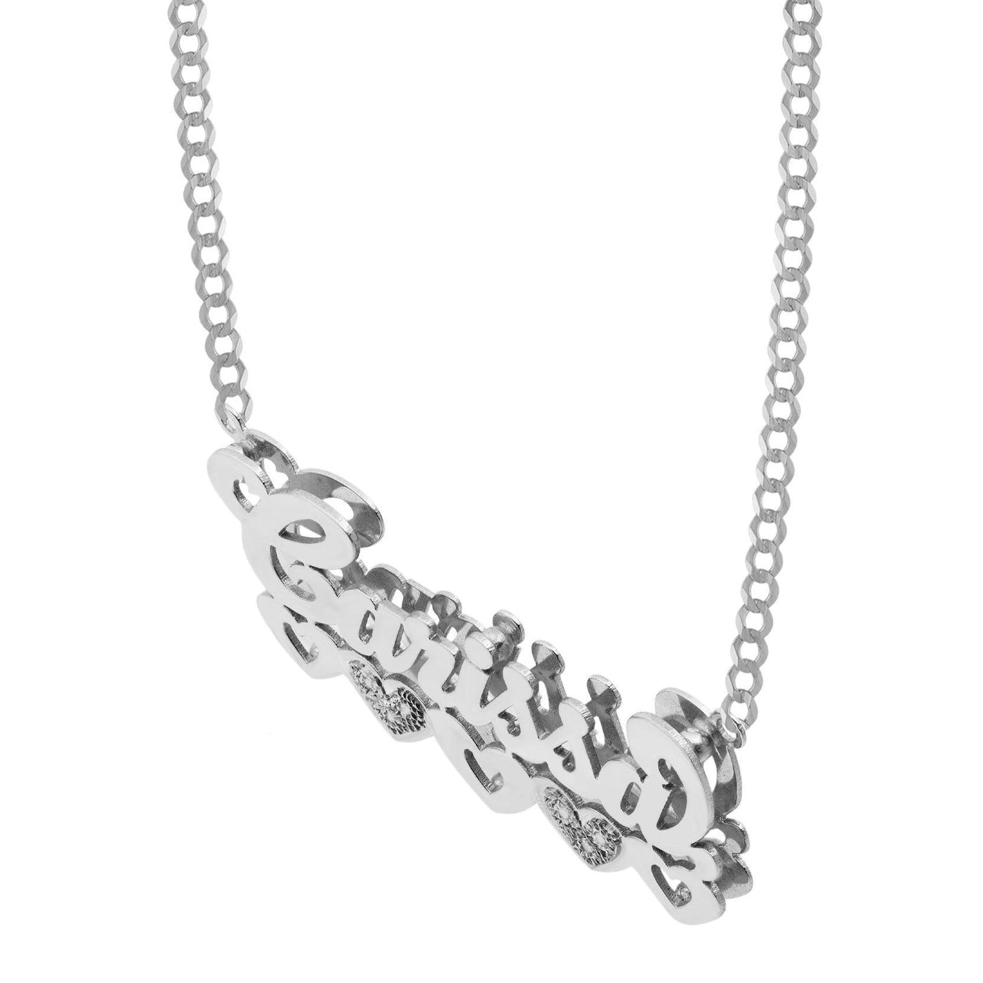 Ladies Script Name Plate Diamond Hearts Necklace 14K White Gold - Style 48 - bayamjewelry