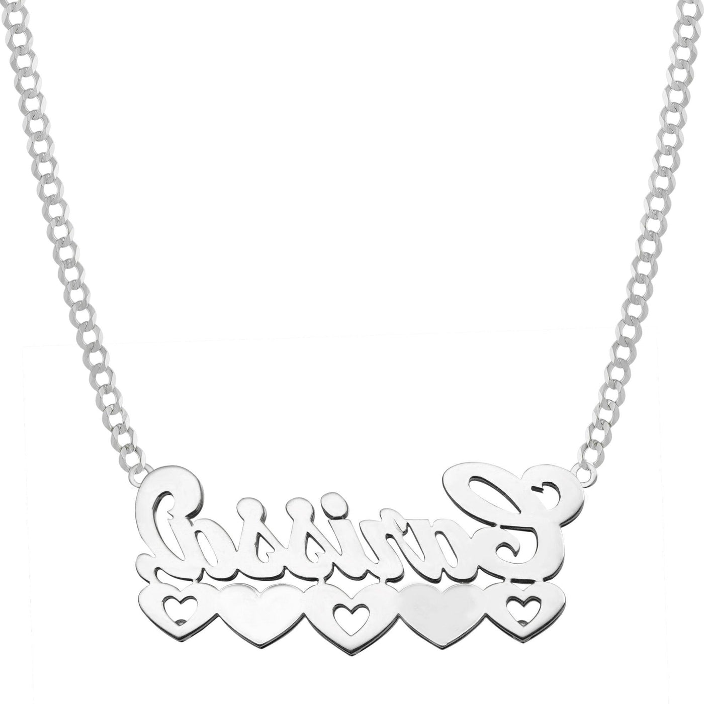 Ladies Script Name Plate Diamond Hearts Necklace 14K White Gold - Style 48 - bayamjewelry